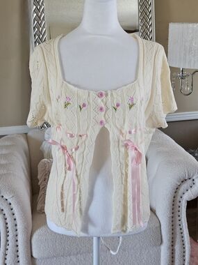 Cream Knit Short Sleeve Cardigan with Pink Ribbon & Floral Embroidery